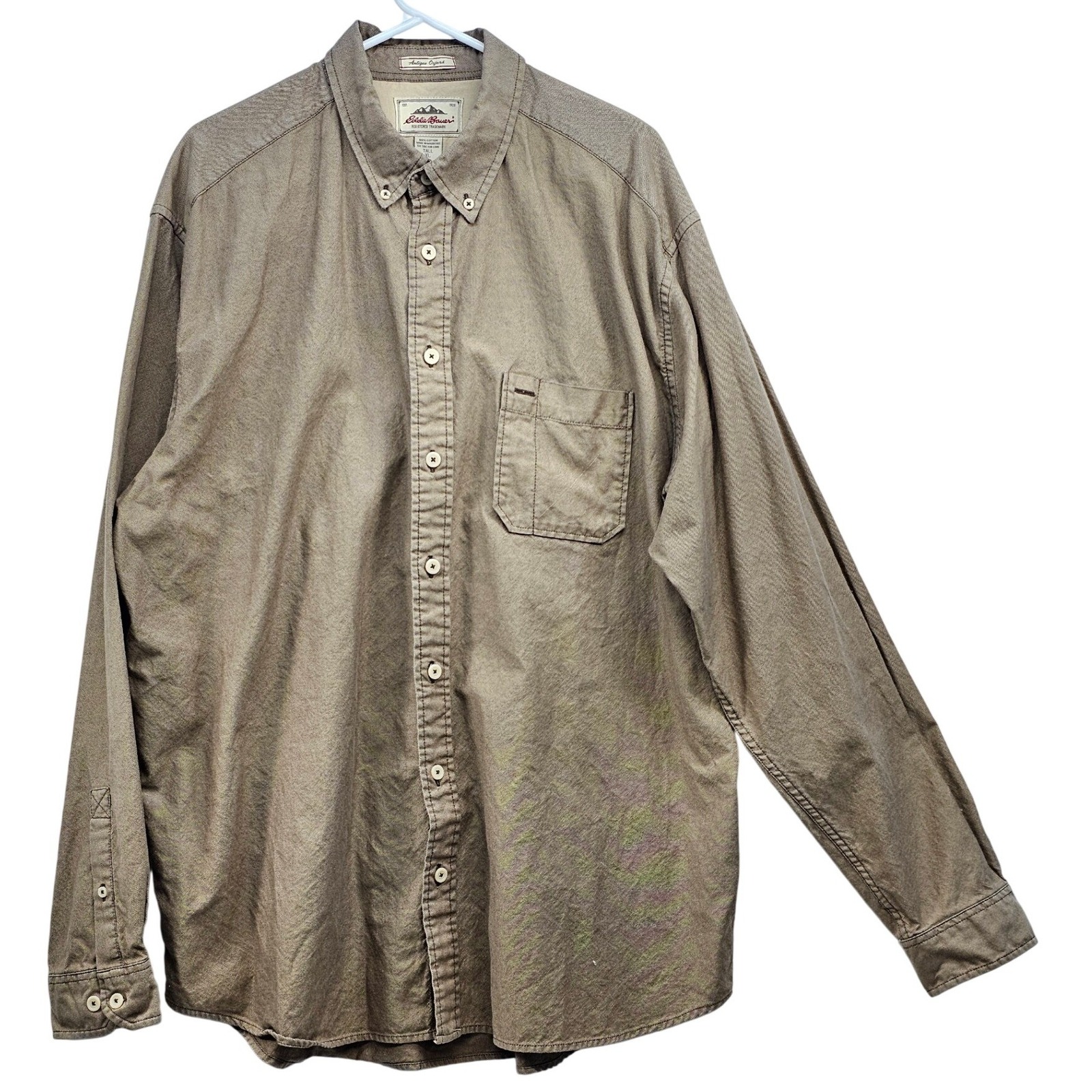 Eddie Bauer Antique Oxford Shirt Mens Xl Tall Brown Cotton Long Sleeve Button Up
